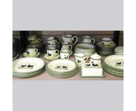 A Zeller Fayencerie part tea and dinner service, painted with cockerels