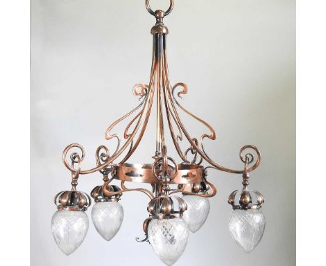 An Art Nouveau bronzed five branch chandelier, with whiplash supports and cut glass shades, 70cm diameterOverall condition lo