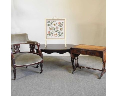 A reproduction sofa table, together with a painted firescreen, a coffee table and a Victorian green upholstered tub shaped ar