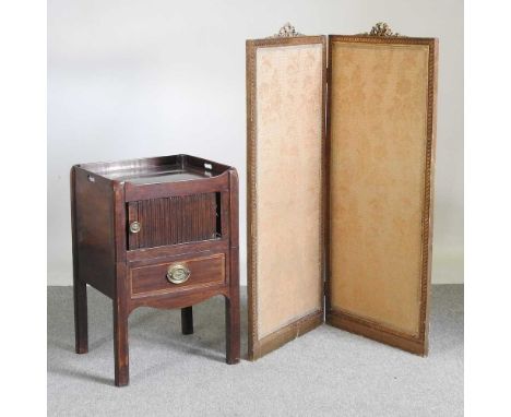 A George III mahogany and inlaid tray top commode, 49cm wide, together with an early 20th century gilt framed folding screen,