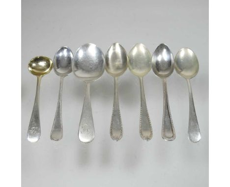 A collection of five various silver teaspoons, together with a silver salt spoon and silver caddy spoon, various dates and ma