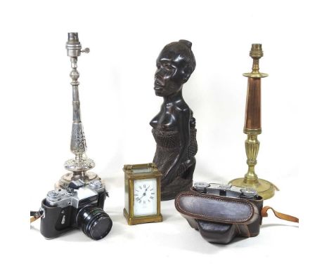 A Victorian silver plated table lamp base, with Registration diamond, 41cm high, together with an African carved hardwood fig