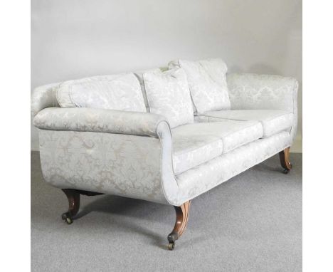 A Regency and later pale blue damask upholstered scroll end sofa, on sabre legs and castors210w x 91d x 85h cmUpholstery is m