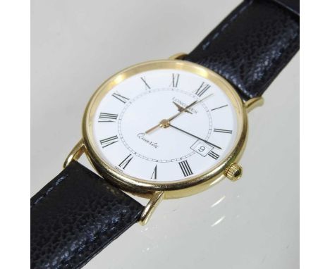 A Longines 18 carat gold cased gentleman's quartz wristwatch, with a signed 30mm dial, on a leather strapCurrently running. S