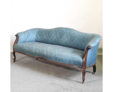 A 19th century carved mahogany and blue upholstered hump back show frame sofa, on cabriole legs180w x 58d x 71h cm