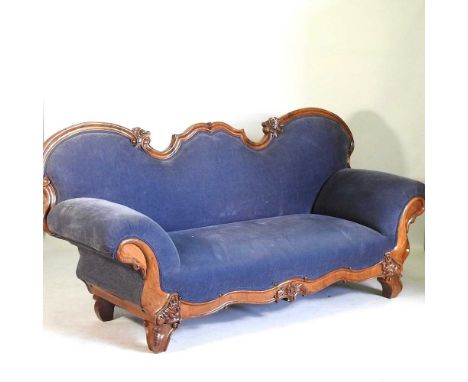 A large 19th century continental blue upholstered show frame sofa228w x 79d x 106h cm 