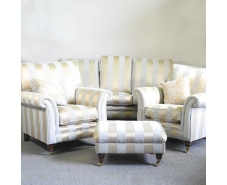 An Alston cream and gold striped two seater sofa, 200cm, together with a pair of matching armchairs and a footstool (4)Overal