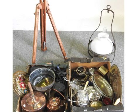A collection of various metalwares, together with an easel and a hanging light