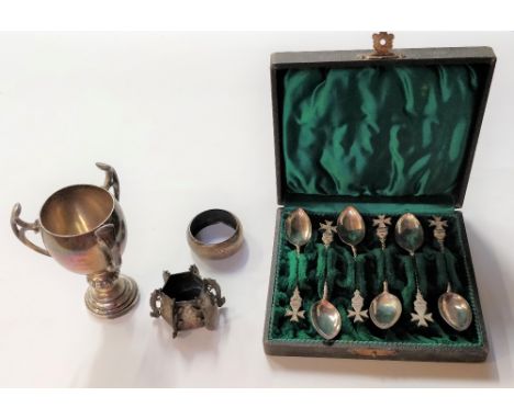 A cased set of six German teaspoons with cross of St John finials; a silver trophy cup; a silver napkin ring; and a Chinese s