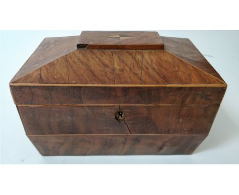 A 19th century walnut veneer tea caddy, with brass swing handles