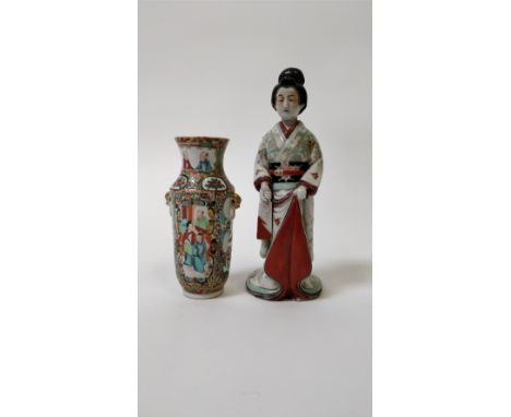 A Cantonese vase decorated with various figures, 18cm high, along with a ceramic model of geisha