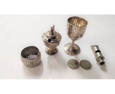 A small silver trophy cup, 34 g (1.1 troy ozs); a silver mustard pot, no liner and with a loaded base; an Indian silver colou