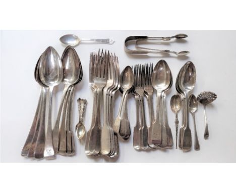 A collection of assorted antique silver flatware, various dates, makers and patterns, comprising eight tablespoons; six desse