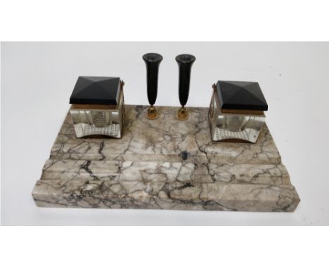 An Art Deco white marble ink stand