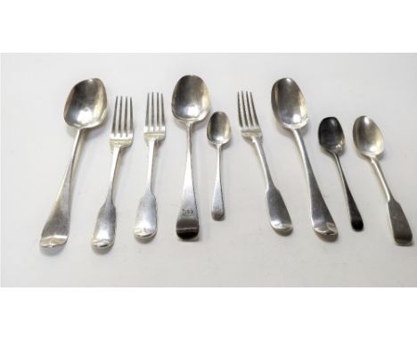 A collection of antique silver flatware, comprising two bottom marked tablespoons; a tablespoon; a set of three dessert forks