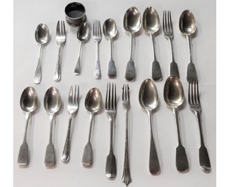 A collection of assorted antique silver flatware, comprising; a set of four George Adams Victorian fiddle pattern dessert spo