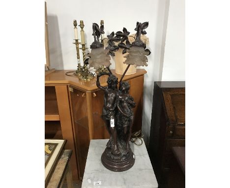 LARGE NOUVEAU STYLE ROMANTIC BRONZED FIGURAL TWIN LAMP