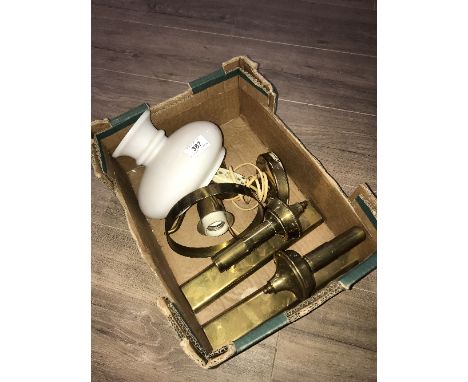 PAIR DANISH WALL OIL LAMPS AND DANISH BRASS WALL LIGHT OPAQUE SHADE