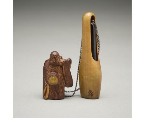 Sukeyoshi (Japanese, 19th c). Antique carved wooden netsuke in the form of Hotei with his sack. Connected to a modern bonsai 