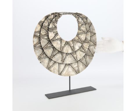 Large neck ring from the Miao Guizhou Jianhe area. Comprised of three bibs with V-shaped motifs. Connected at the top via twi