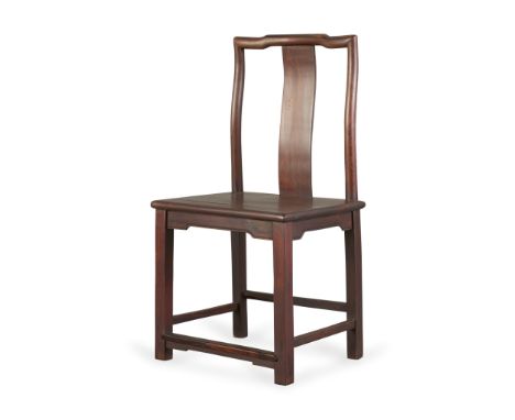 20th century Chinese hardwood side chair with curved backsplat. Square-shaped legs joined by stretchers. Parts possibly zitan