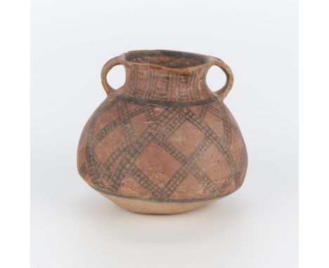Chinese Majiayao culture ceramic double-handled guan jar, late Neolithic period. With flared rim flanked by applied loop hand