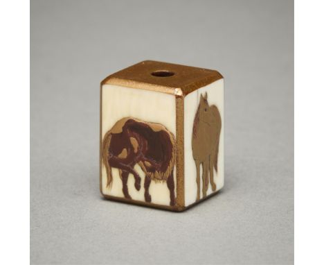 Tomizo Saratani (Japanese, b. 1949). Lacquer over ivory ojime titled "Horses," carved 1989. Each side of the rectangular ojim