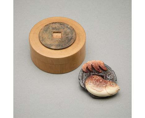 Guy Shaw (British, 1951-2003). Carved stag antler netsuke titled "Carp with Coin," carved August 1991. Carved of stag antler 