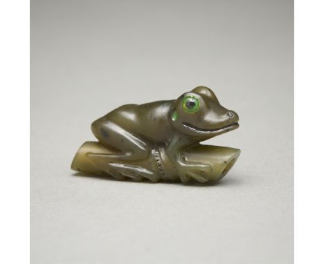 Jeff Spangler (American, b. 1948). Carved California nephrite jade ojime titled "Frog on Bamboo," with layered enamel eyes.As