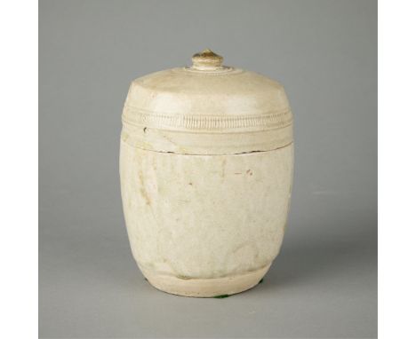 Cambodian lidded or covered stoneware ceramic jar vessel, likely with wood-ash or celadon glaze, 11th-13th century. The lid w