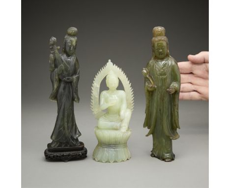 Group of three Chinese serpentine and jade figural carvings. Including one in the form of a seated buddha, a second depicting