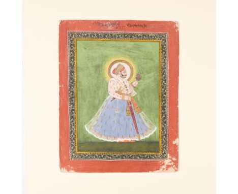 19th c. Indian Rajasthan or Punjabi school miniature opaque watercolor and gold on paper miniature painting depicting a portr