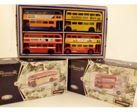 Three boxed Corgi model buses including Connoisseur collection 33302, Connoisseur collection CC25901 and Routemasters 
