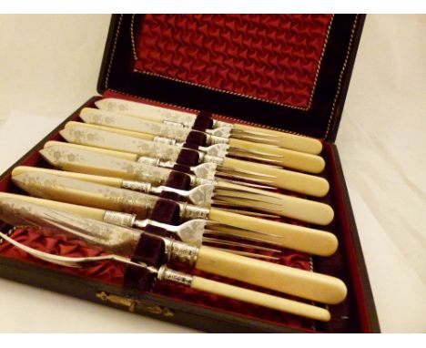 Ivory handled silver plated cased six setting dessert flatware set 