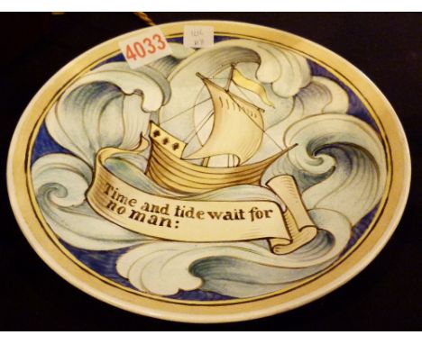 Minton Arts and Crafts glazed ceramic plate Time and Tide Wait for no Man signed RJN 1903 D: 25    CONDITION REPORT:  There a