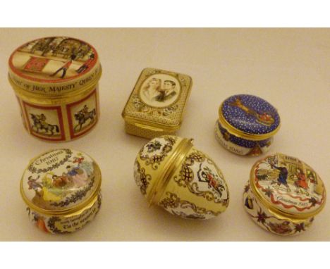Six Halcyon Days enamel lidded pots, five boxed