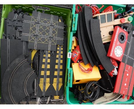 SCALEXTRIC, LARGE COLLECTION OF TRACK & ACCESSORIES , PLAY WORN INC CONTROLLERS, CABIN ETS