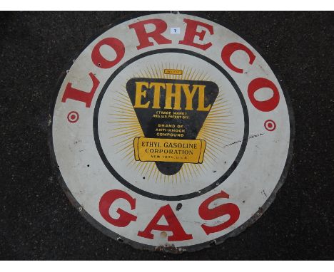 ENAMEL ADVERTISING SIGN, VERY RARE LORECO GAS ETHYL GASOLINE, DOUBLE SIDED