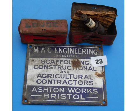 SMALL INDUSTRIAL ENAMEL SIGN MAC ENGINEERING , ASHTON WORKS, BRISTOL & 2 CASED VINTAGE LODGE SPARK PLUGS