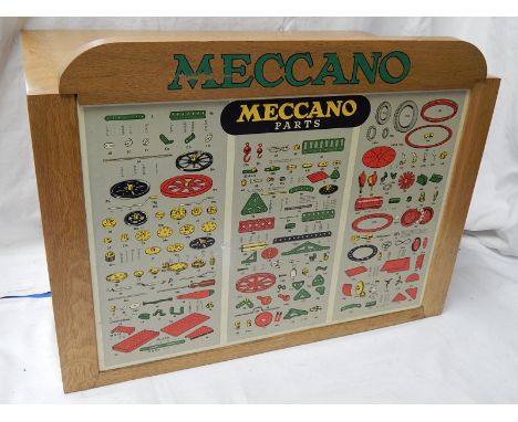 MECCANO POLISHED LIGHT OAK DEALERS CABINET C1958. COMPLETE WITH 500 PARTS CARD IN EXCELLENT CONDITION