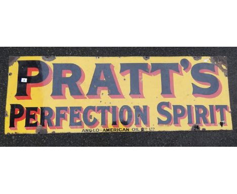 ENAMEL ADVERTISING SIGN PRATTS PERFECTION SPIRIT, ANGLO AMERICAN OIL COMPANY. 52" X 18"