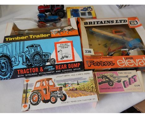 BRITAINS EARLY BOXED FARM ELEVATOR, TRACTOR & REAR DUMP  9630, TRACTORS, TIMBER TRAILER BOXED, BAT GUN 9720 BOXED