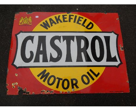 ENAMEL ADVERTISING SIGN WAKEFIELD CASTROL MOTOR OIL, ORANGE YELLOW & BLACK. BRUTON PALMERS GREEN. 48" X 36"