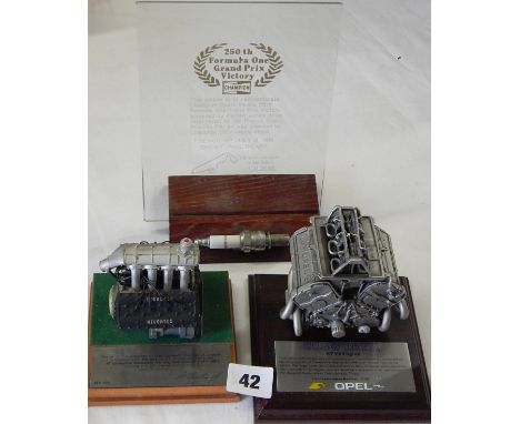 2 MOUNTED ENGINE MODELS INC.COSWORTH FK V6 OPAL LTD ED 231, CHAMPION SPARK PLUG 250TH GRAND PRIX VICTORY - PROST 190