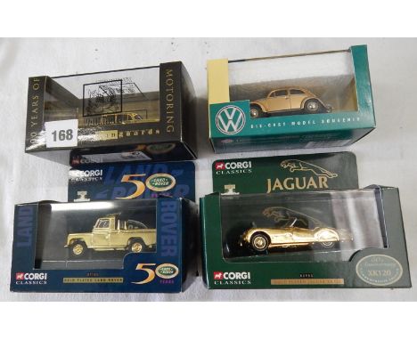 CORGI CLASSIC GOLD PLATED MODELS, 02903 JAGUAR XK120, 07103 LAND ROVER, PLUS LLEDO VAUXHALL 100, VW BEETLE 1 MILLIONTH BEETLE