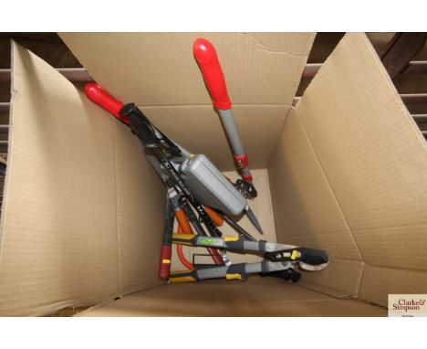 A box containing garden tools to include shears, loppers, mallets etc.