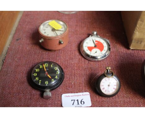 A miniature travelling alarm clock; stop watch AF; Smiths pocket watch; enamel dial fob watch