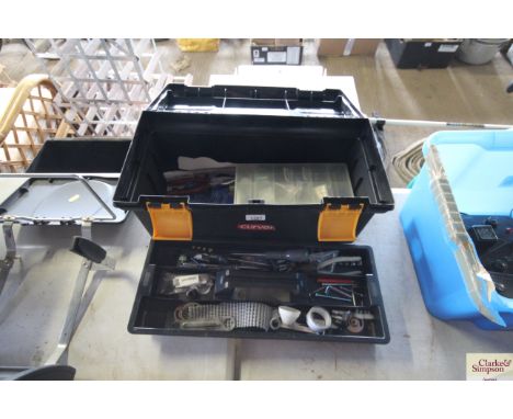 A plastic tool box and contents of various hand tools etc.