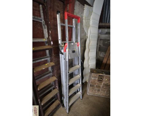 A five step Hailo aluminium folding set of steps and a six step aluminium folding ladder 