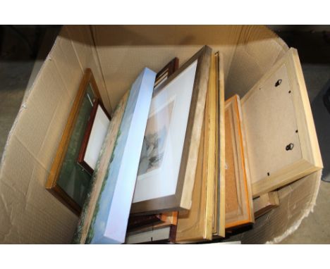 A box containing various picture frames; prints and a watercolour depicting Leiston Abbey